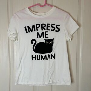 Wound Up White Black Cat Impress Me Human Graphic T Shirt Women's Medium